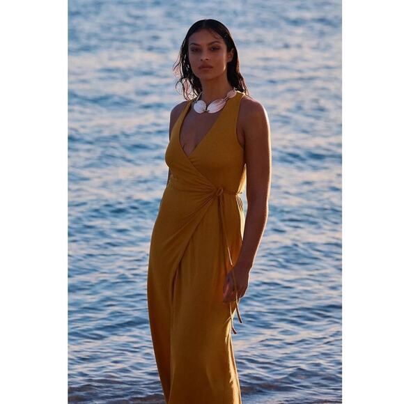 Anthropologie Dresses & Skirts - Anthropologie Tie Waist Jersey Wrap Maxi Dress in Mustard Small